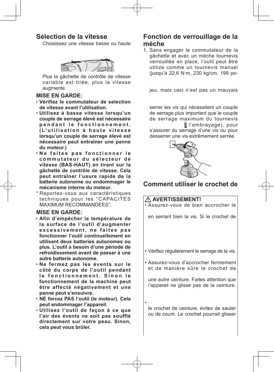 Sélection de la vitesse, Fonction de verrouillage de la mèche, Comment utiliser le crochet de ceinture | Mise en garde, Avertissement | Panasonic EY74A1X User Manual | Page 28 / 50