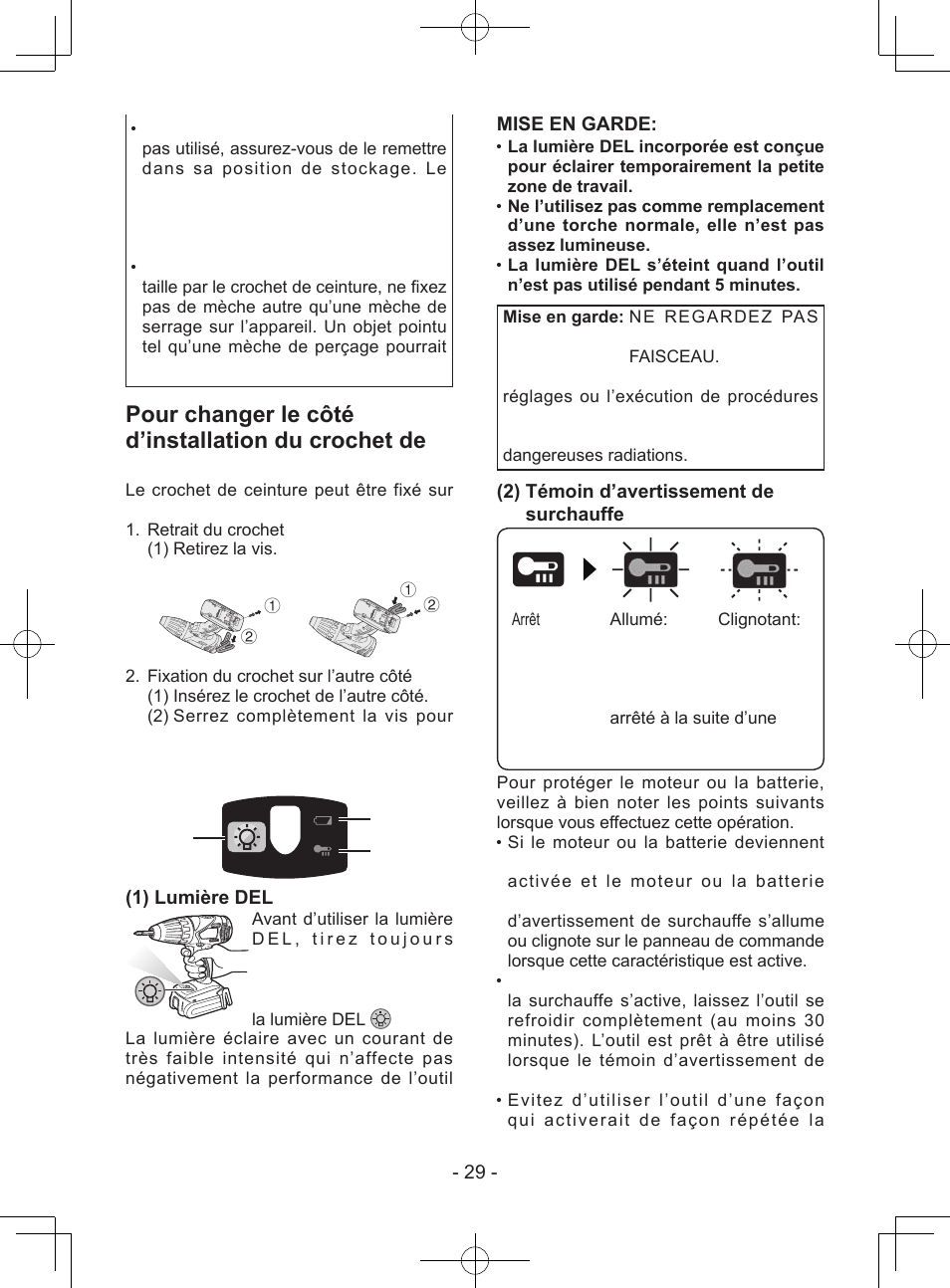 Panneau de commande, 1) lumière del, Mise en garde | 2) témoin d’avertissement de surchauffe | Panasonic EY74A1X User Manual | Page 29 / 50