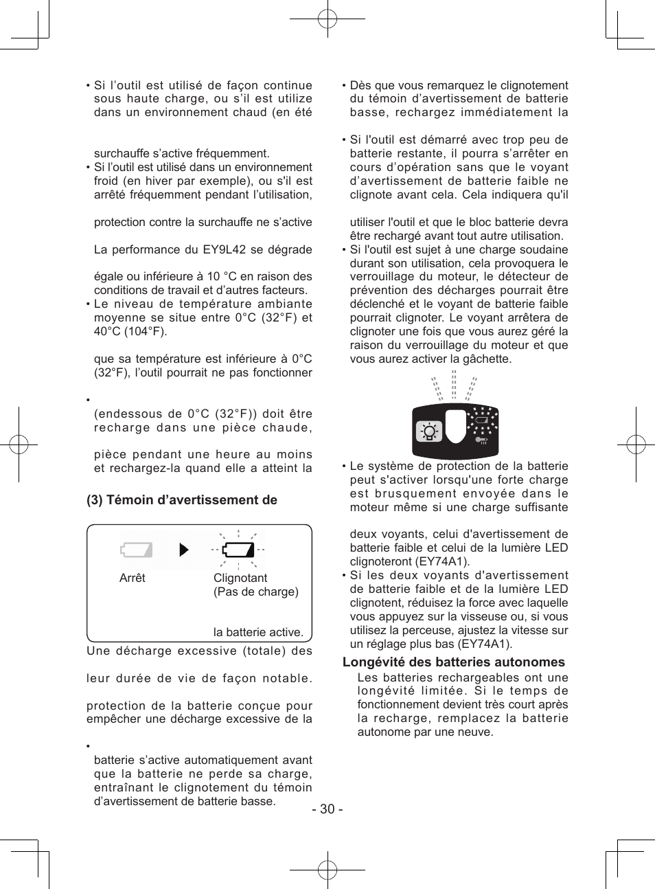 3) témoin d’avertissement de batterie basse, Longévité des batteries autonomes | Panasonic EY74A1X User Manual | Page 30 / 50