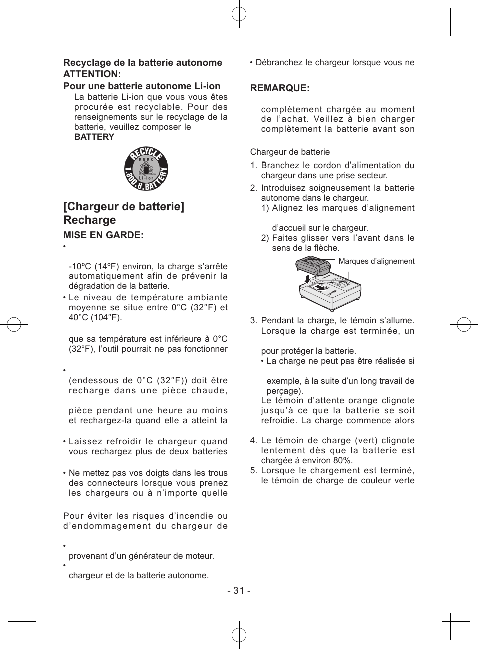 Chargeur de batterie] recharge, Mise en garde, Remarque | Panasonic EY74A1X User Manual | Page 31 / 50