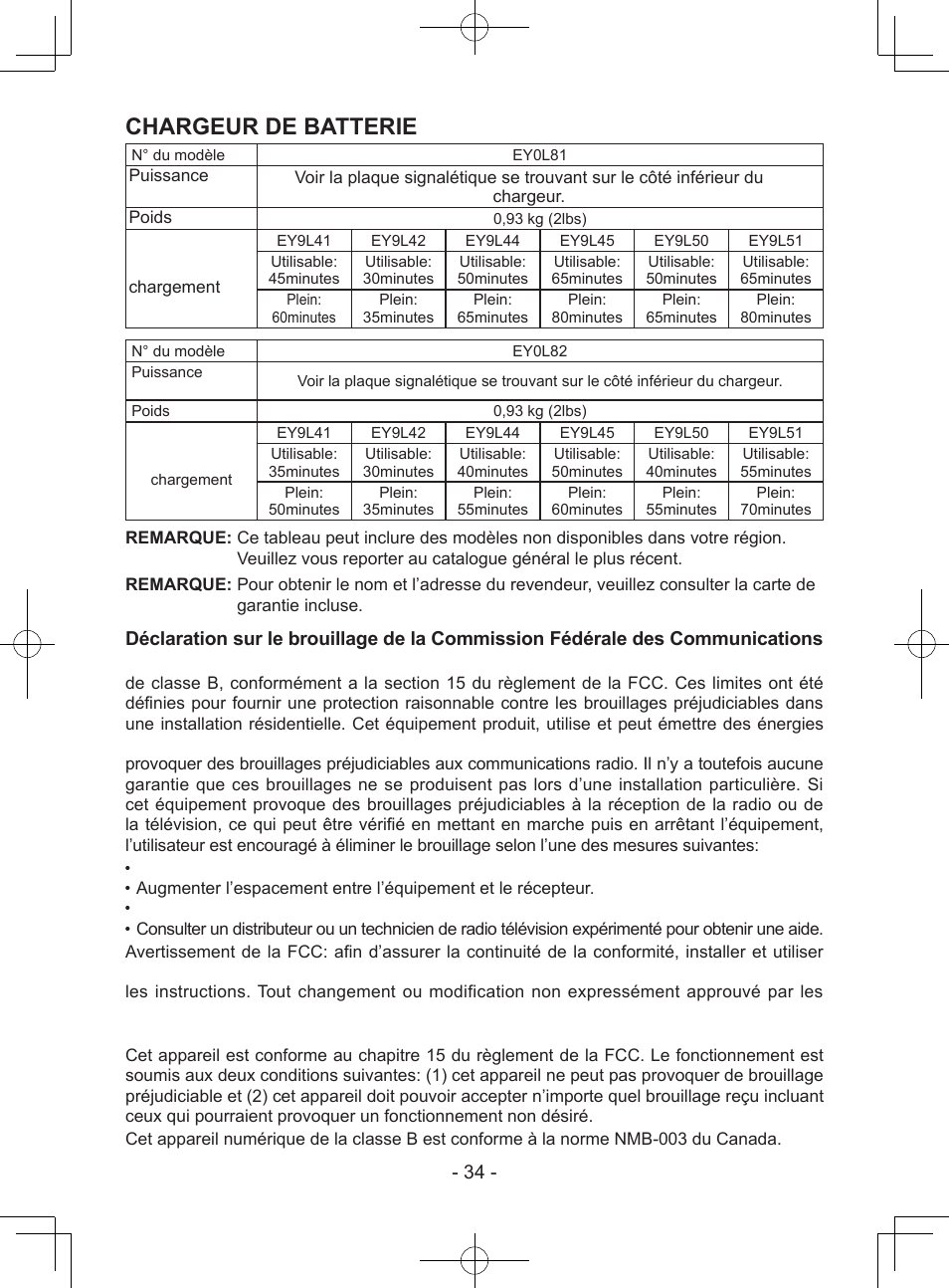 Chargeur de batterie | Panasonic EY74A1X User Manual | Page 34 / 50