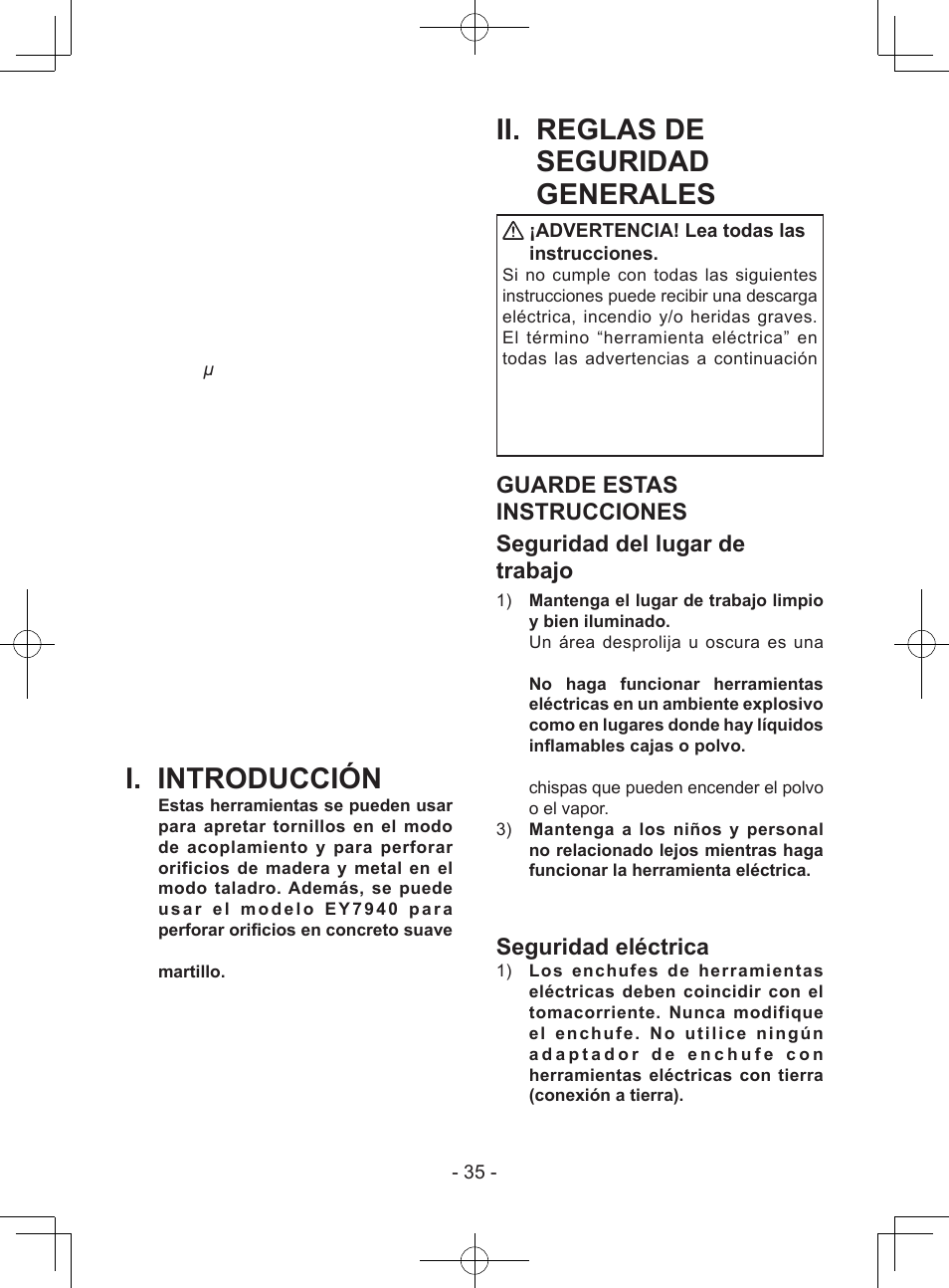 I. introducción, Ii. reglas de seguridad generales, Seguridad eléctrica | Definición del código ip, Garantía limitada | Panasonic EY74A1X User Manual | Page 35 / 50