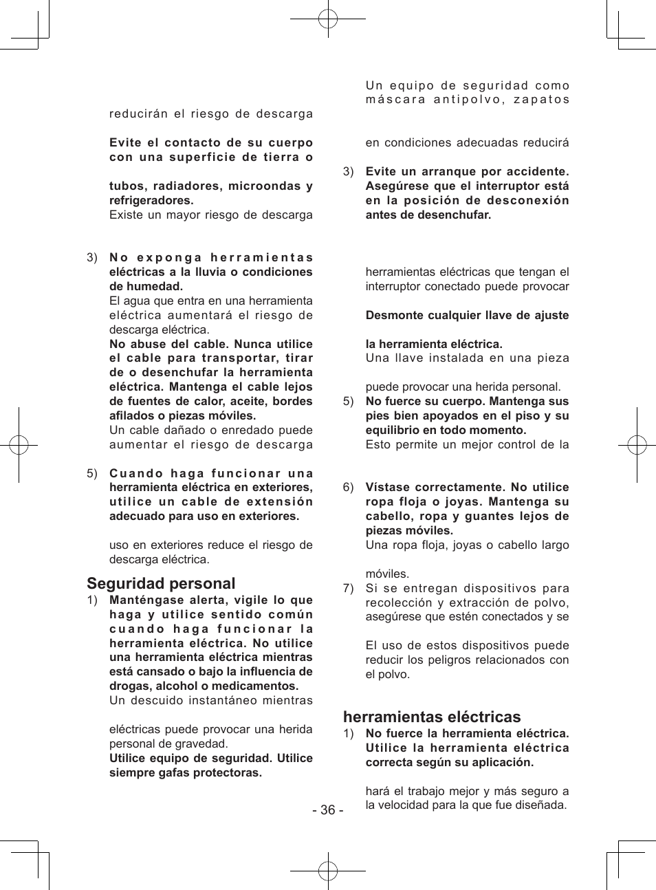 Seguridad personal, Uso y cuidados de herramientas eléctricas | Panasonic EY74A1X User Manual | Page 36 / 50