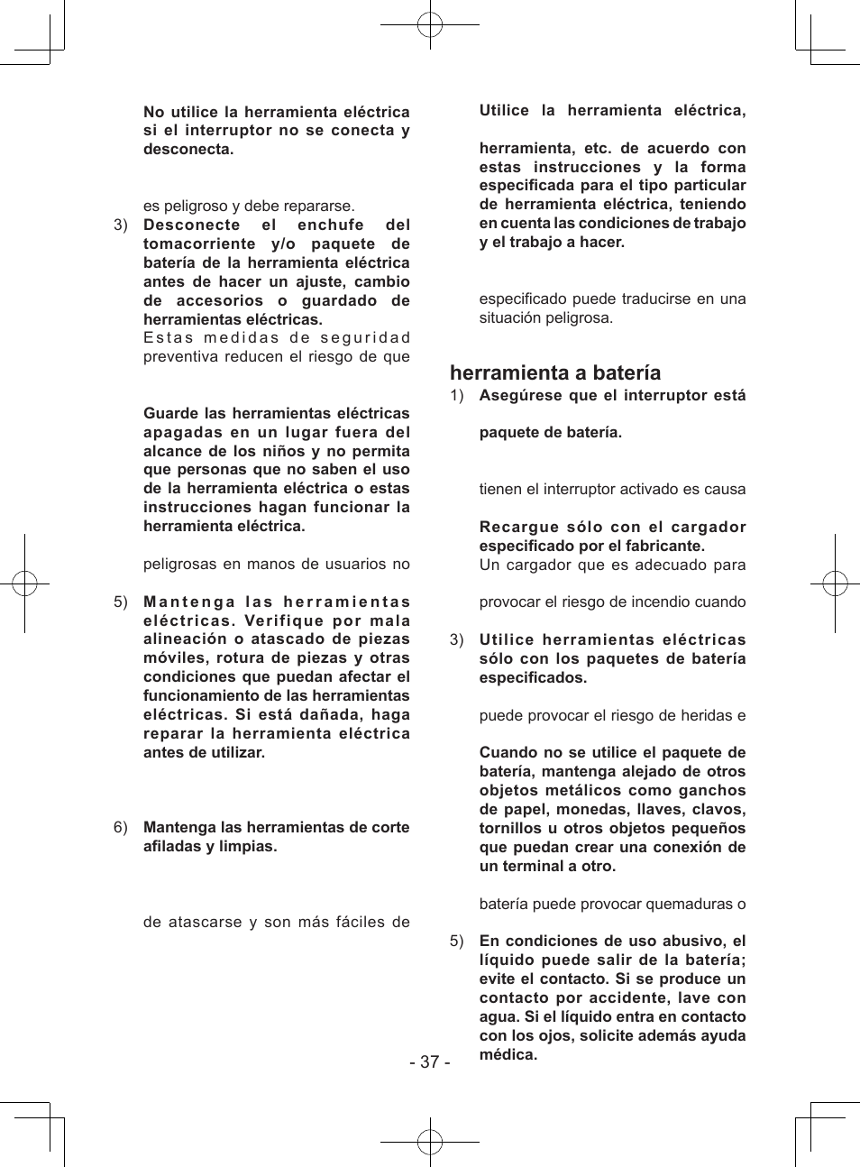 Uso y cuidado de la herramienta a batería | Panasonic EY74A1X User Manual | Page 37 / 50