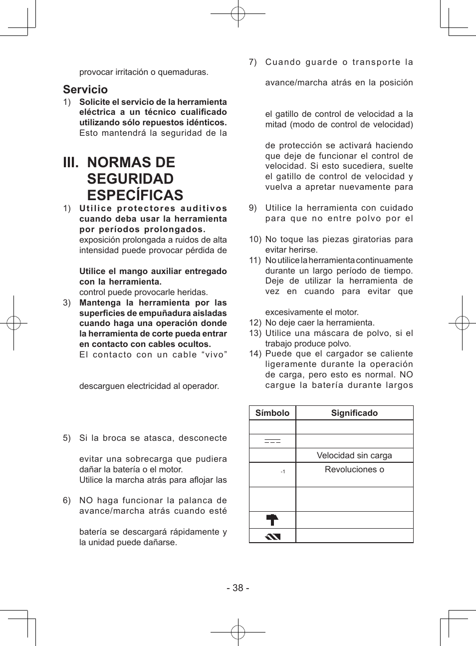 Iii. normas de seguridad específicas, Servicio | Panasonic EY74A1X User Manual | Page 38 / 50