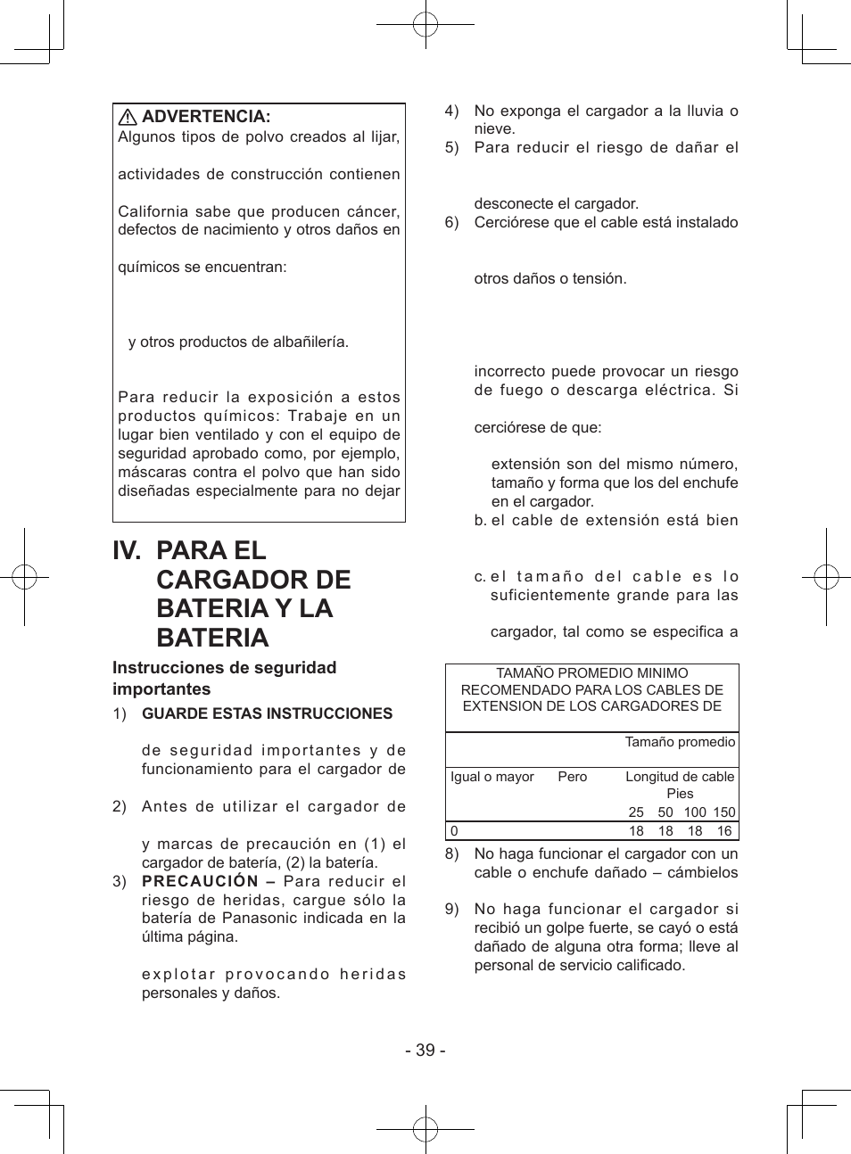 Iv. para el cargador de bateria y la bateria | Panasonic EY74A1X User Manual | Page 39 / 50