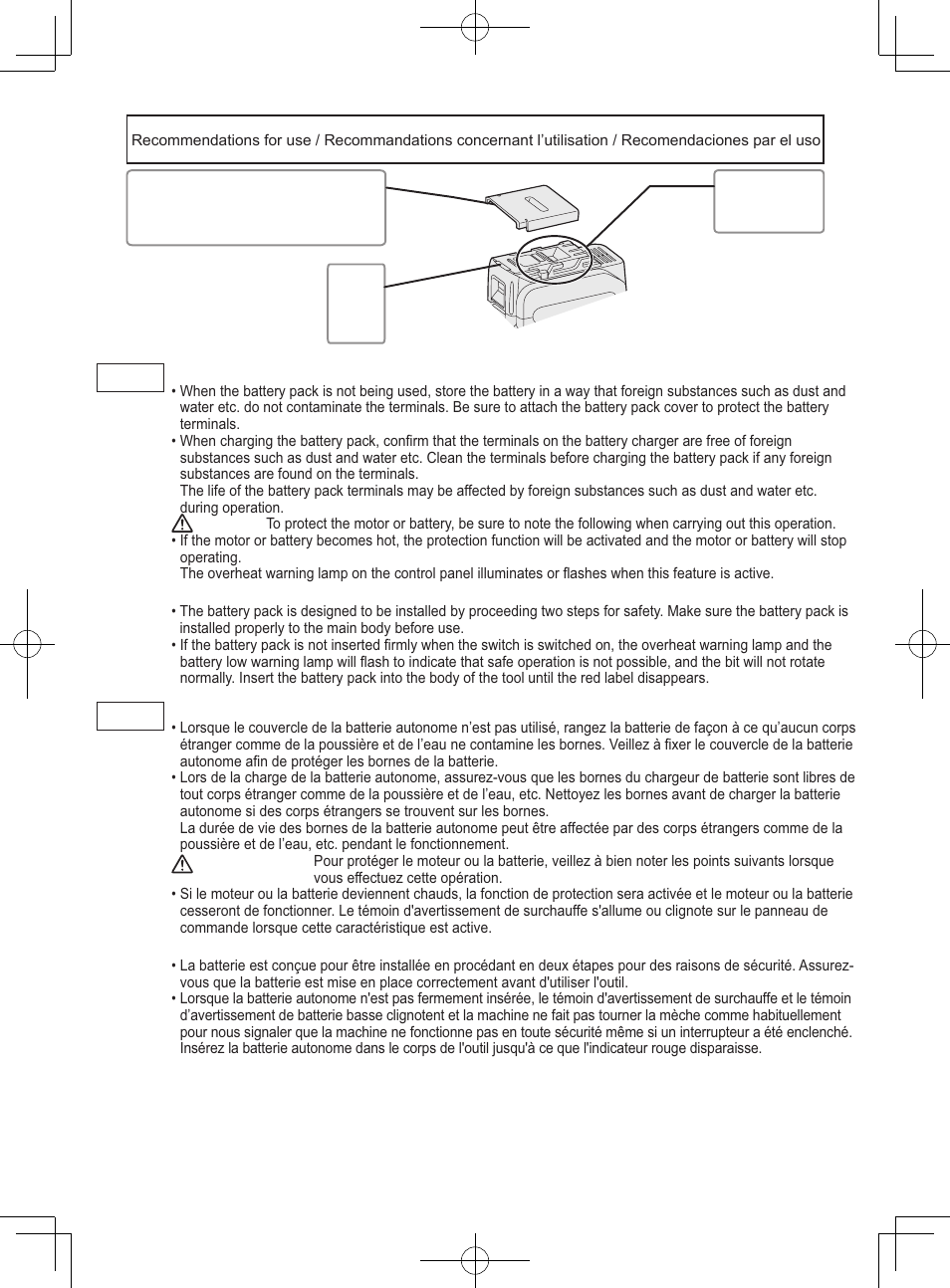 Be sure to use the pack cover, For safe use, Pour un usage sans risque | Panasonic EY74A1X User Manual | Page 4 / 50