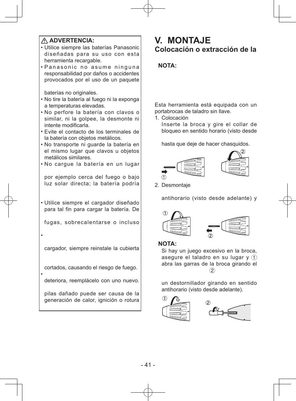 V. montaje, Colocación o extracción de la broca, 41 - advertencia | Nota | Panasonic EY74A1X User Manual | Page 41 / 50