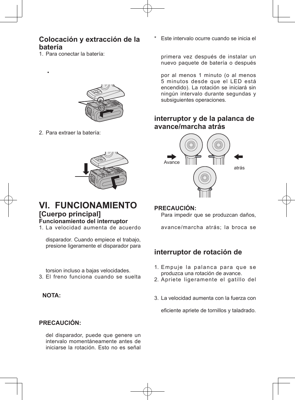 Vi. funcionamiento, Colocación y extracción de la batería, Cuerpo principal | Panasonic EY74A1X User Manual | Page 42 / 50