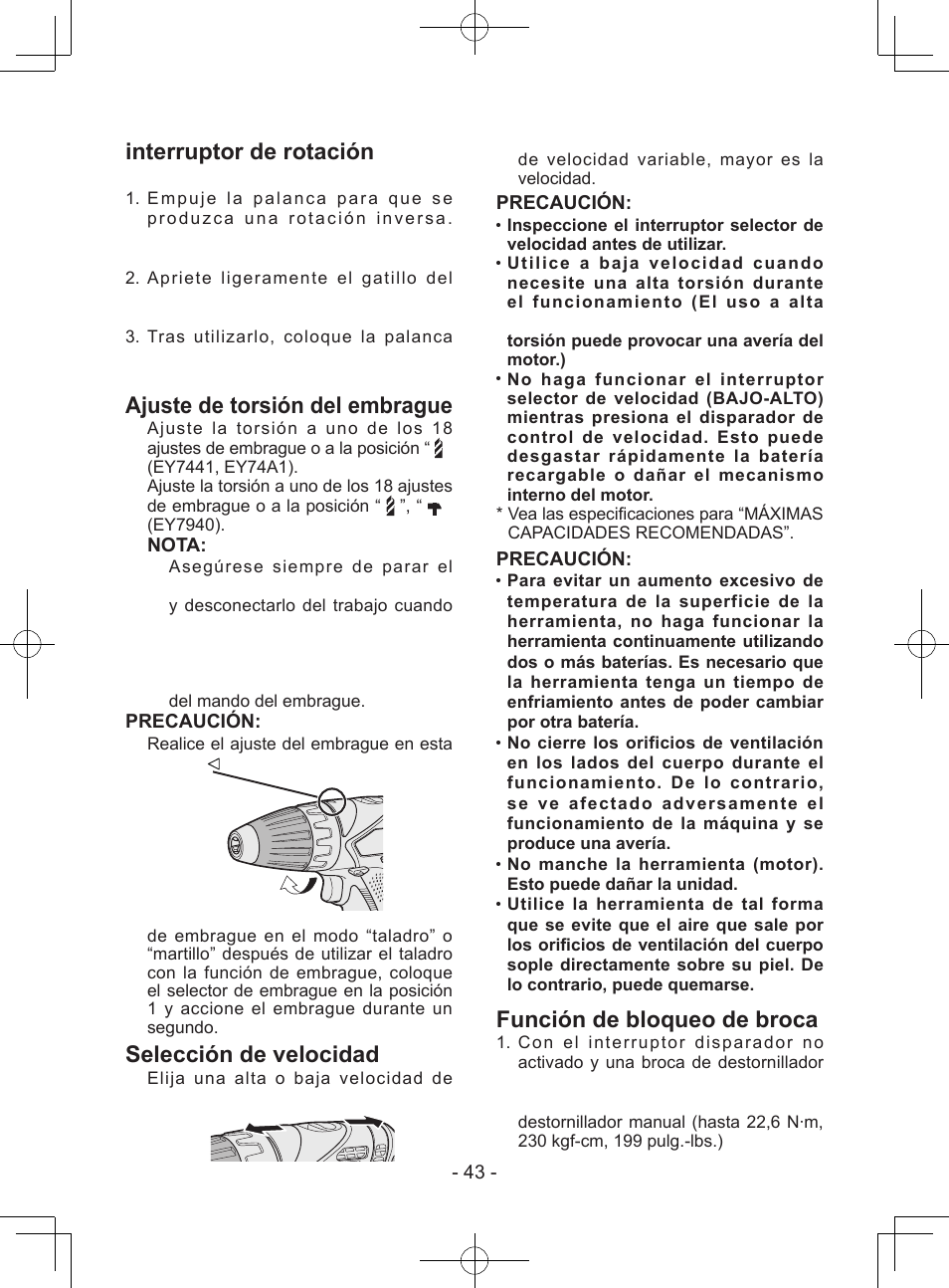 Funcionamiento del interruptor de rotación inversa, Ajuste de torsión del embrague, Selección de velocidad | Función de bloqueo de broca | Panasonic EY74A1X User Manual | Page 43 / 50