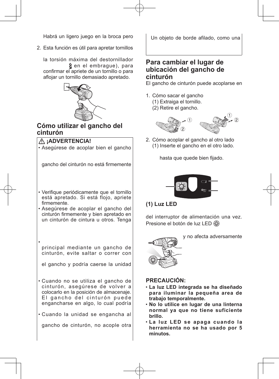 Cómo utilizar el gancho del cinturón, Panel de controle, Advertencia | 1) luz led, Precaución | Panasonic EY74A1X User Manual | Page 44 / 50