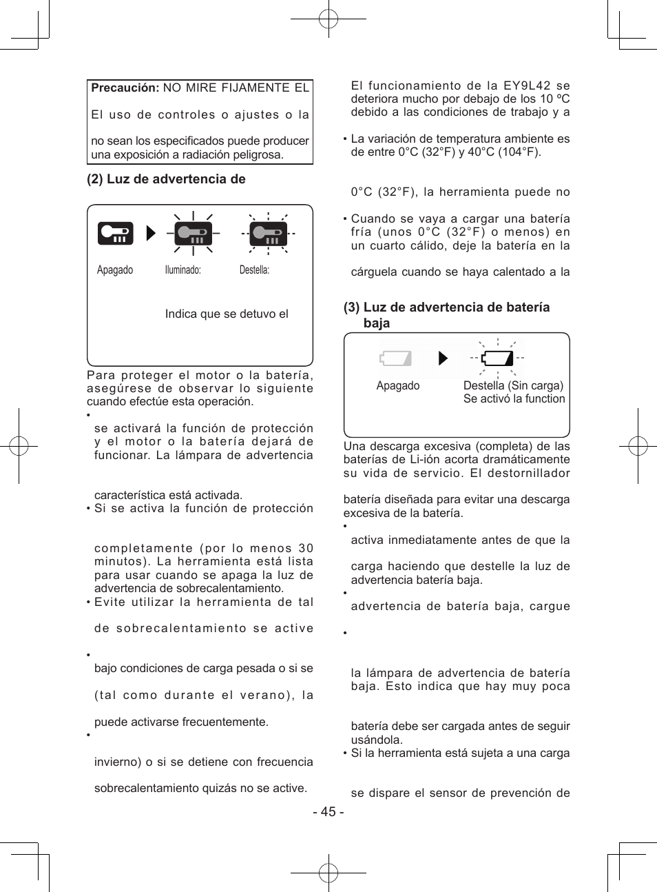 2) luz de advertencia de sobrecalentamiento, 3) luz de advertencia de batería baja | Panasonic EY74A1X User Manual | Page 45 / 50