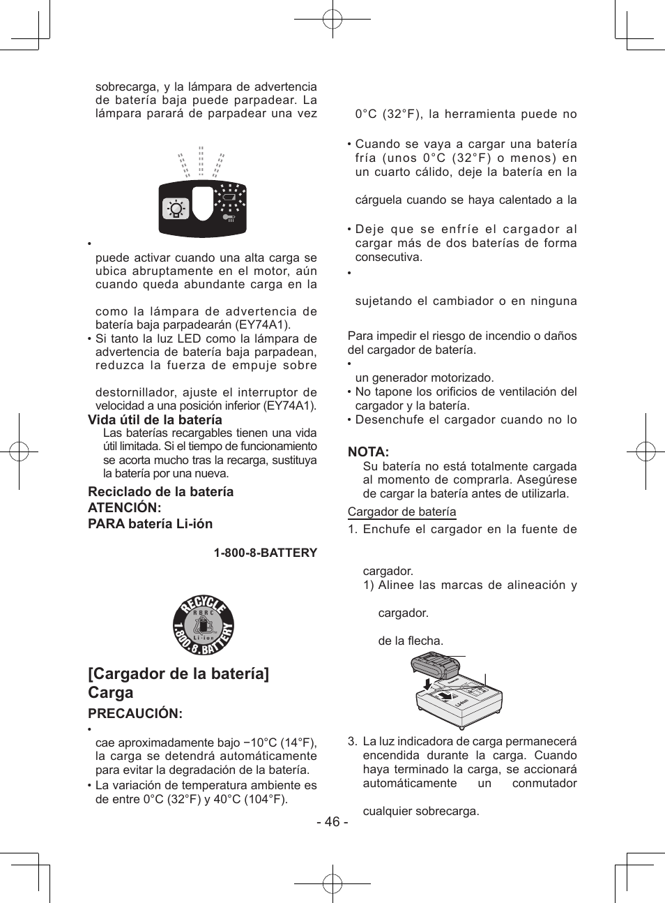 Cargador de la batería] carga, Vida útil de la batería, Precaución | Nota | Panasonic EY74A1X User Manual | Page 46 / 50