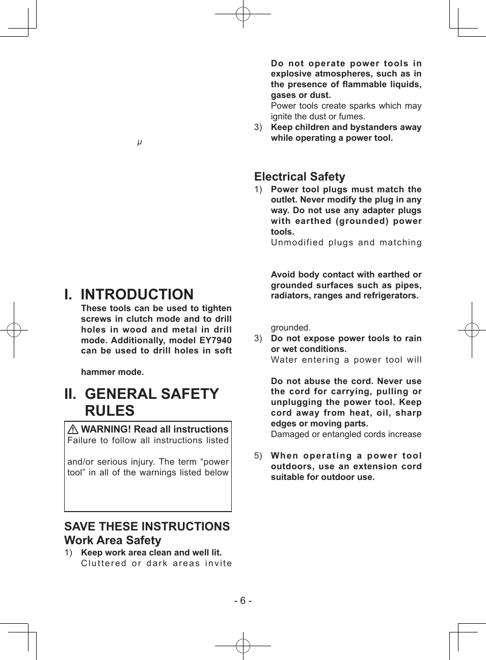 I. introduction, Ii. general safety rules, Save these instructions work area safety | Electrical safety, Definition of ip code, Limited warranty | Panasonic EY74A1X User Manual | Page 6 / 50