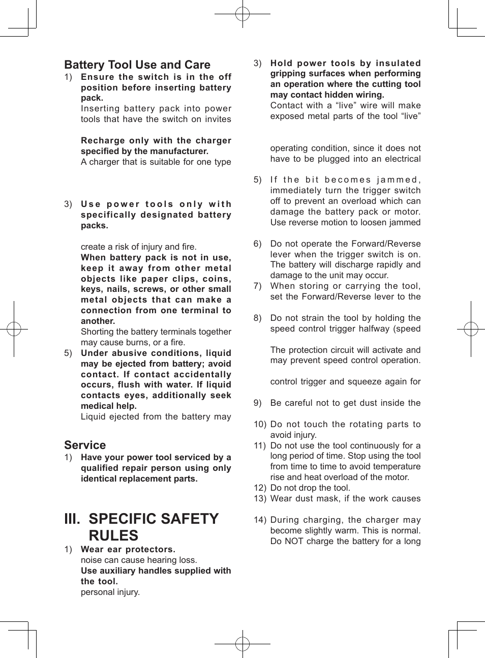 Iii. specific safety rules, Battery tool use and care, Service | Panasonic EY74A1X User Manual | Page 8 / 50