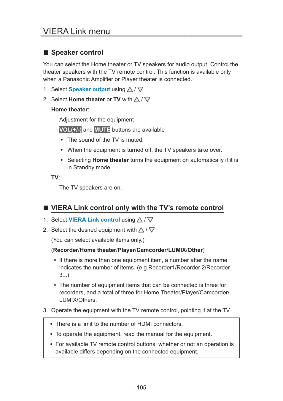 Viera link menu, Viera link menu 105, Speaker control | Panasonic TC-60AS650U User Manual | Page 105 / 184