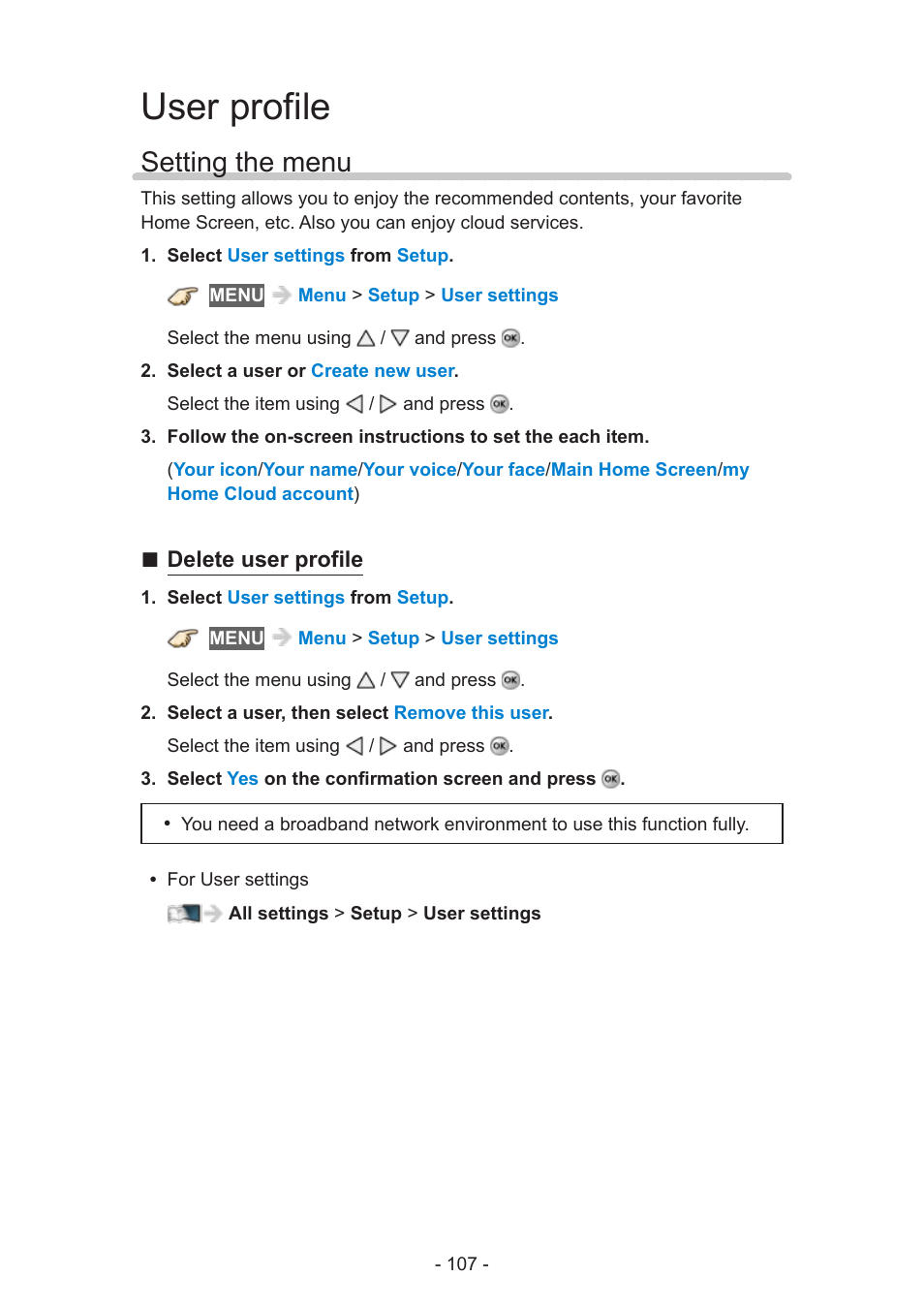 User profile, Setting the menu, Delete user profile | Panasonic TC-60AS650U User Manual | Page 107 / 184