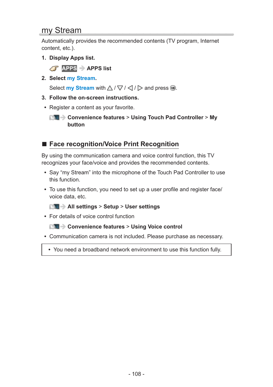 My stream, My stream 108, Face recognition/voice print recognition | Panasonic TC-60AS650U User Manual | Page 108 / 184