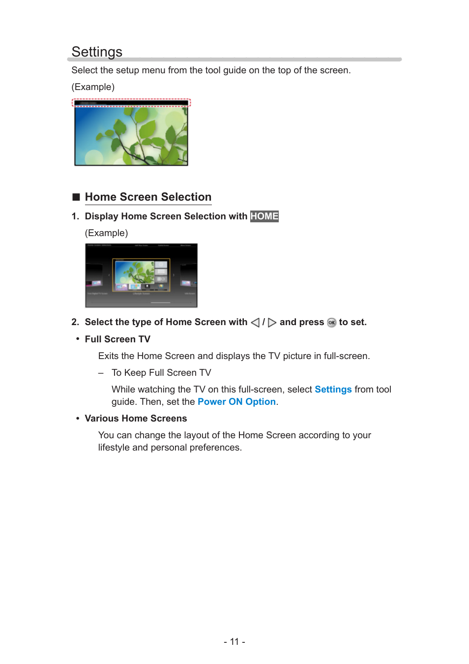 Settings, Settings 11, Home screen selection | Panasonic TC-60AS650U User Manual | Page 11 / 184