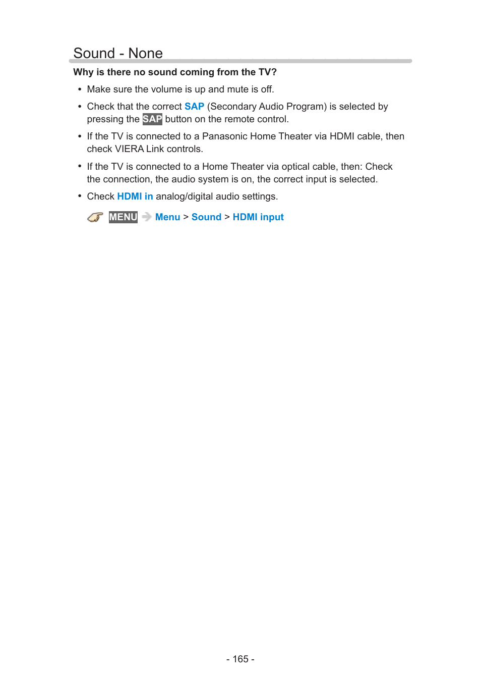 Sound - none | Panasonic TC-60AS650U User Manual | Page 165 / 184