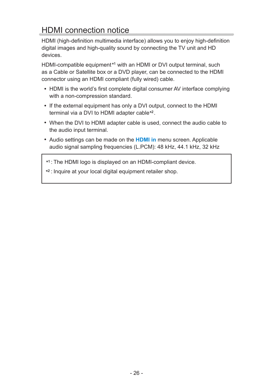 Hdmi connection notice | Panasonic TC-60AS650U User Manual | Page 26 / 184