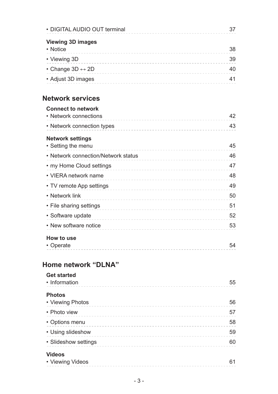 Network services, Home network “dlna | Panasonic TC-60AS650U User Manual | Page 3 / 184