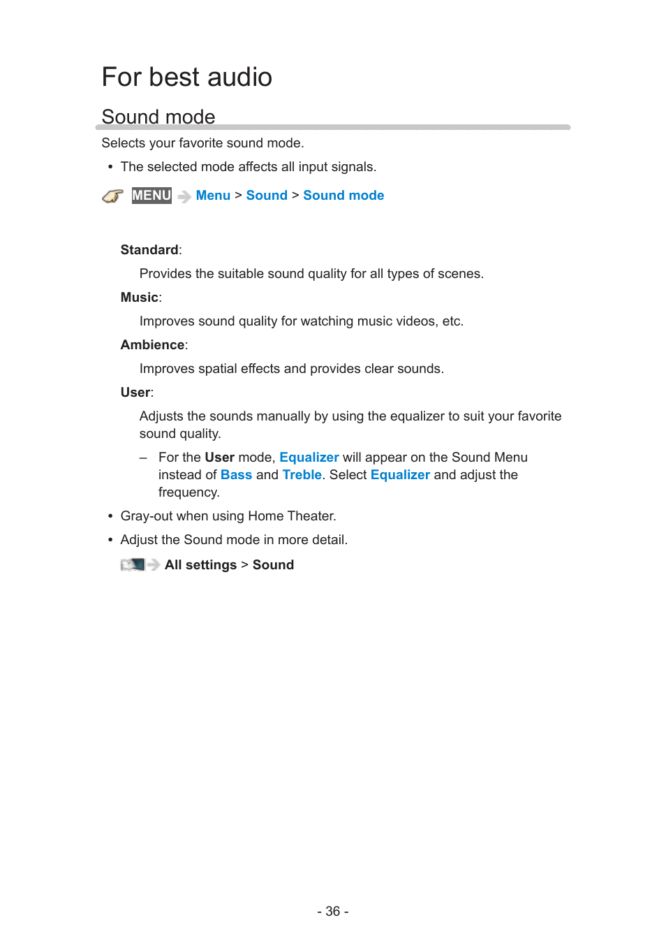 For best audio, Sound mode, Sound mode 36 | Panasonic TC-60AS650U User Manual | Page 36 / 184