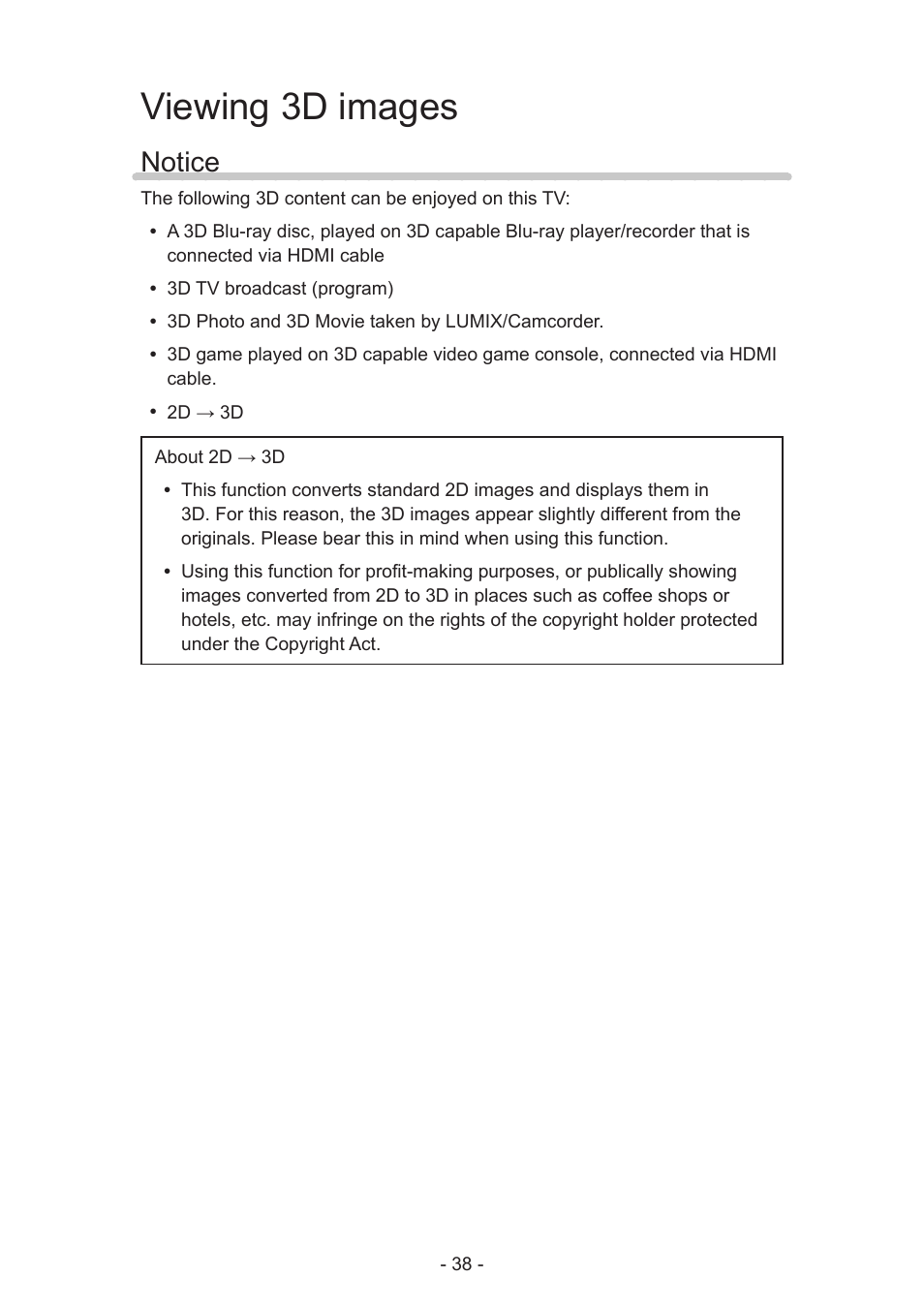 Viewing 3d images, Notice, Notice 38 | Panasonic TC-60AS650U User Manual | Page 38 / 184