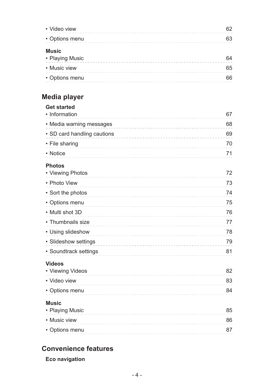 Media player, Convenience features | Panasonic TC-60AS650U User Manual | Page 4 / 184