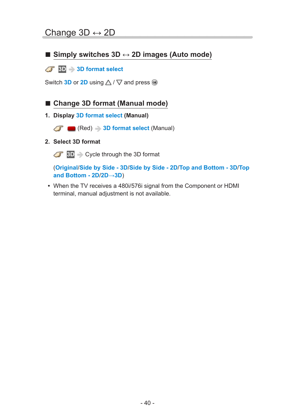 Change 3d ↔ 2d, Change 3d ↔ 2d 40 | Panasonic TC-60AS650U User Manual | Page 40 / 184