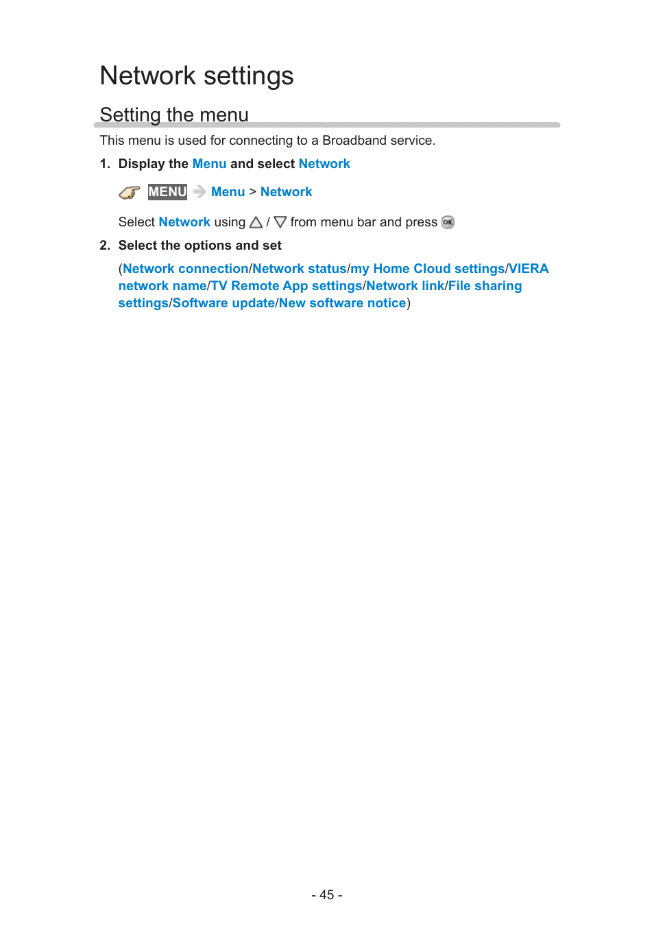Network settings, Setting the menu | Panasonic TC-60AS650U User Manual | Page 45 / 184