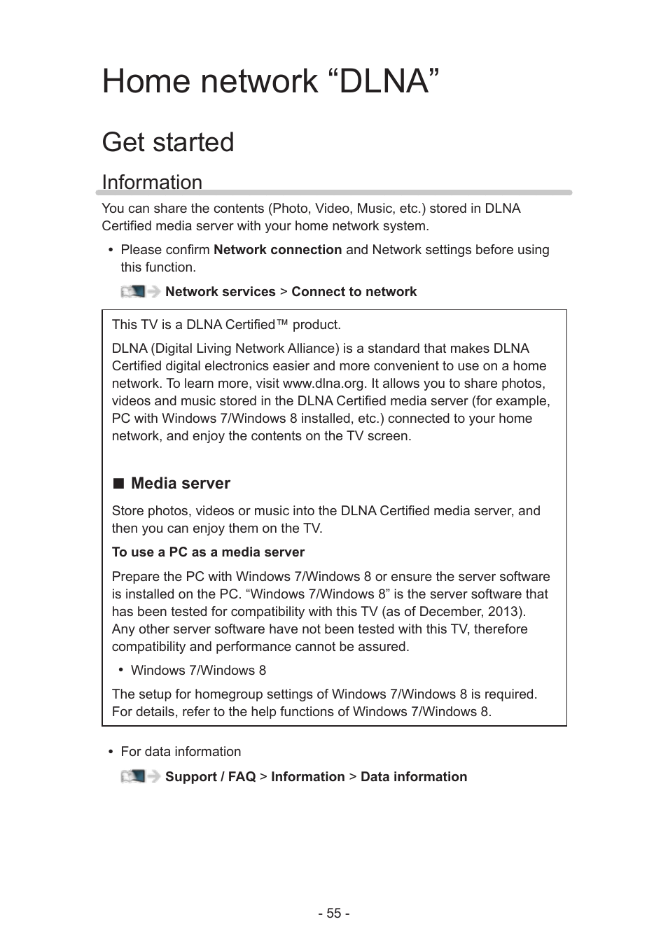 Home network “dlna, Get started, Information | Information 55 | Panasonic TC-60AS650U User Manual | Page 55 / 184