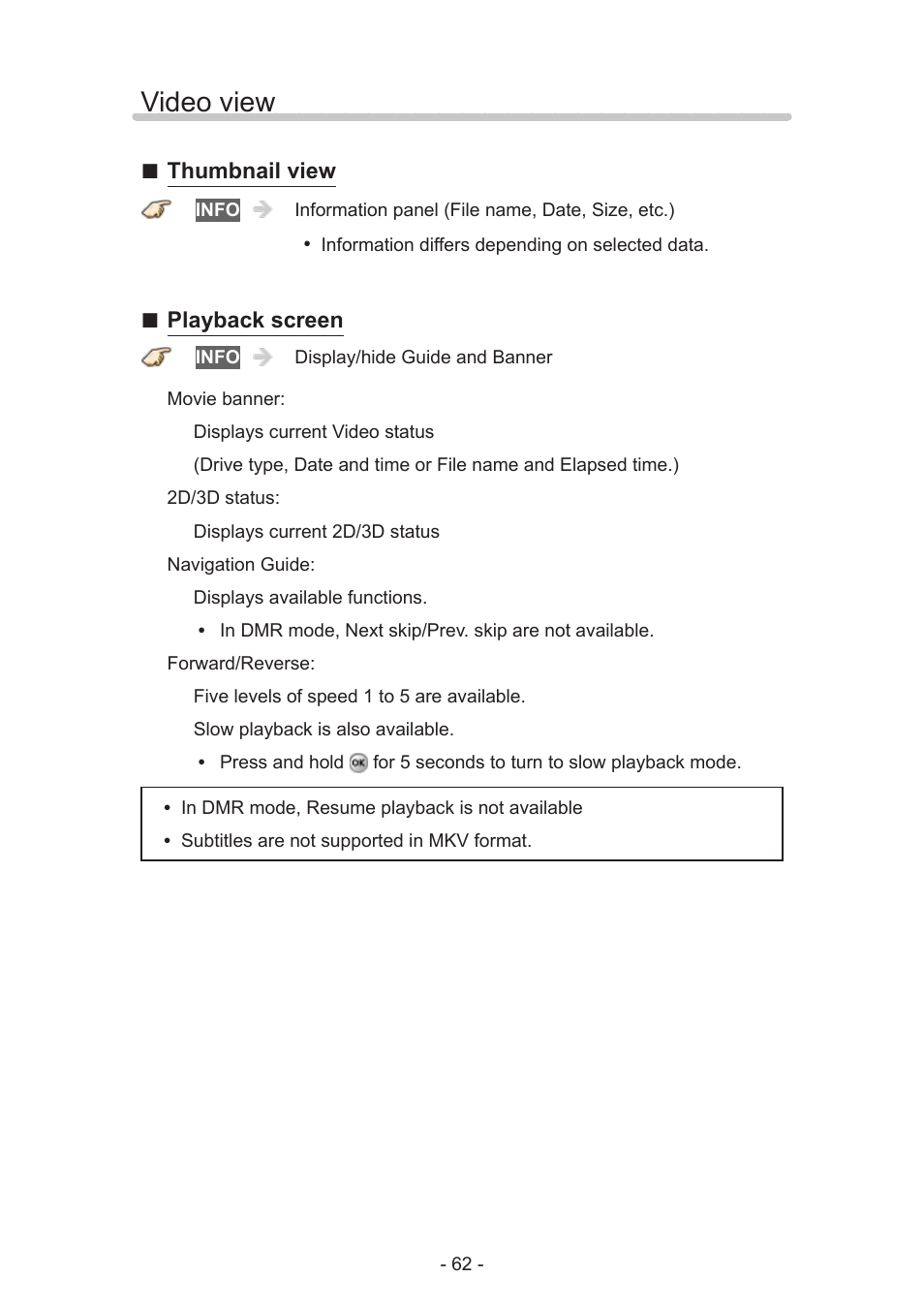 Video view, Thumbnail view, Playback screen | Panasonic TC-60AS650U User Manual | Page 62 / 184