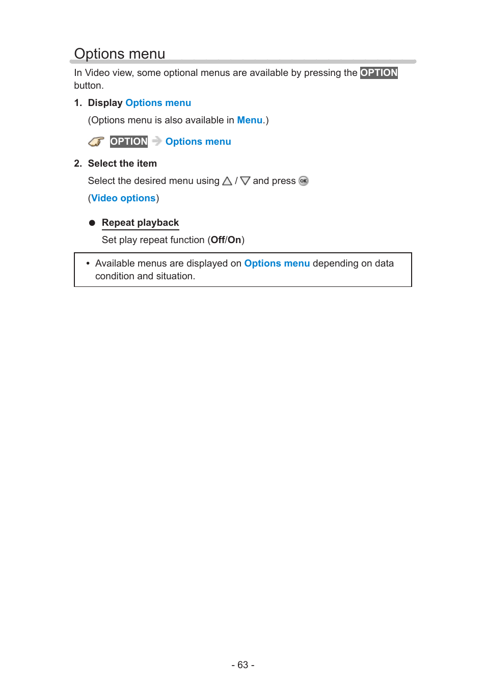 Options menu, Options menu 63 | Panasonic TC-60AS650U User Manual | Page 63 / 184