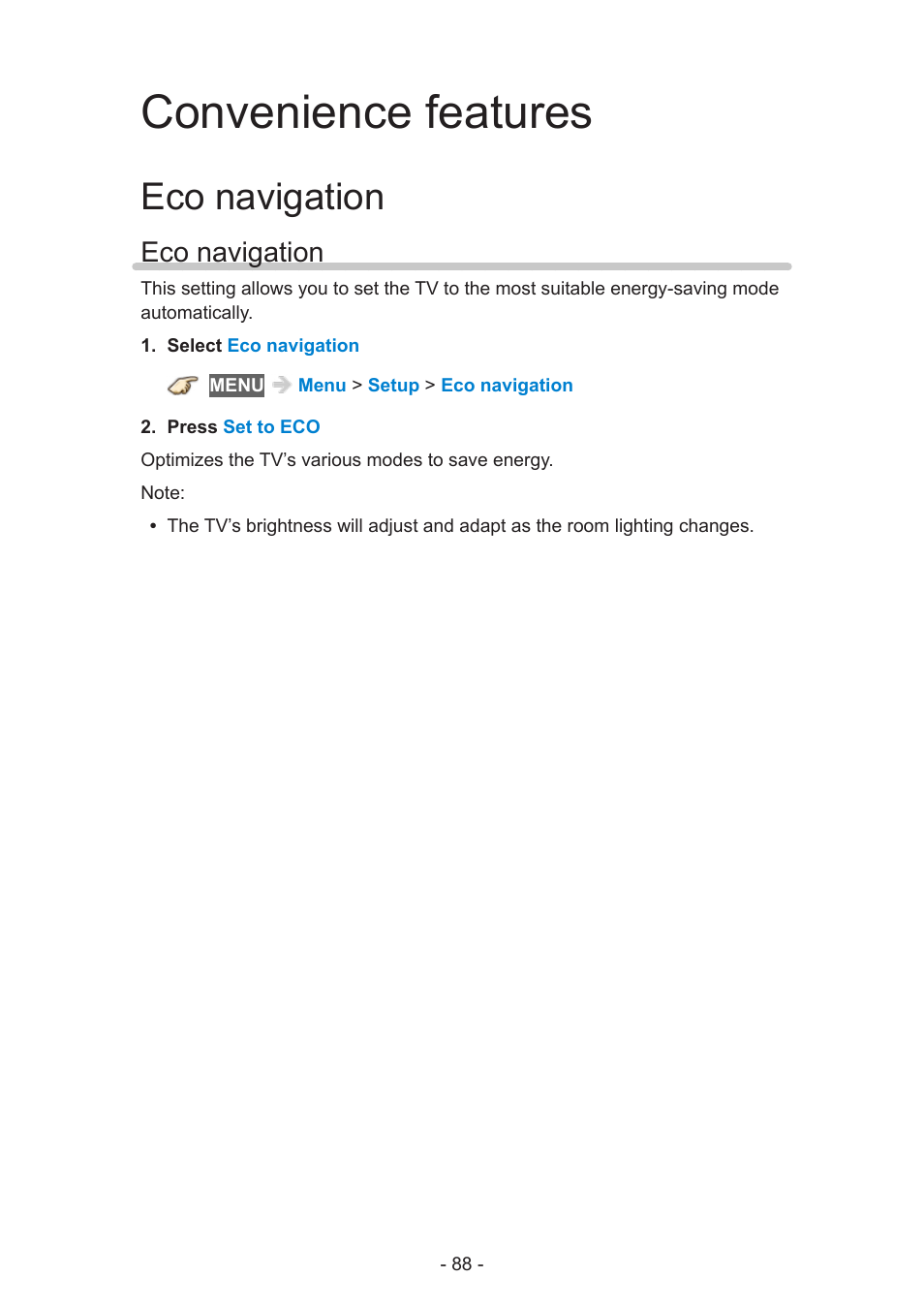 Convenience features, Eco navigation, Eco navigation 88 | Panasonic TC-60AS650U User Manual | Page 88 / 184