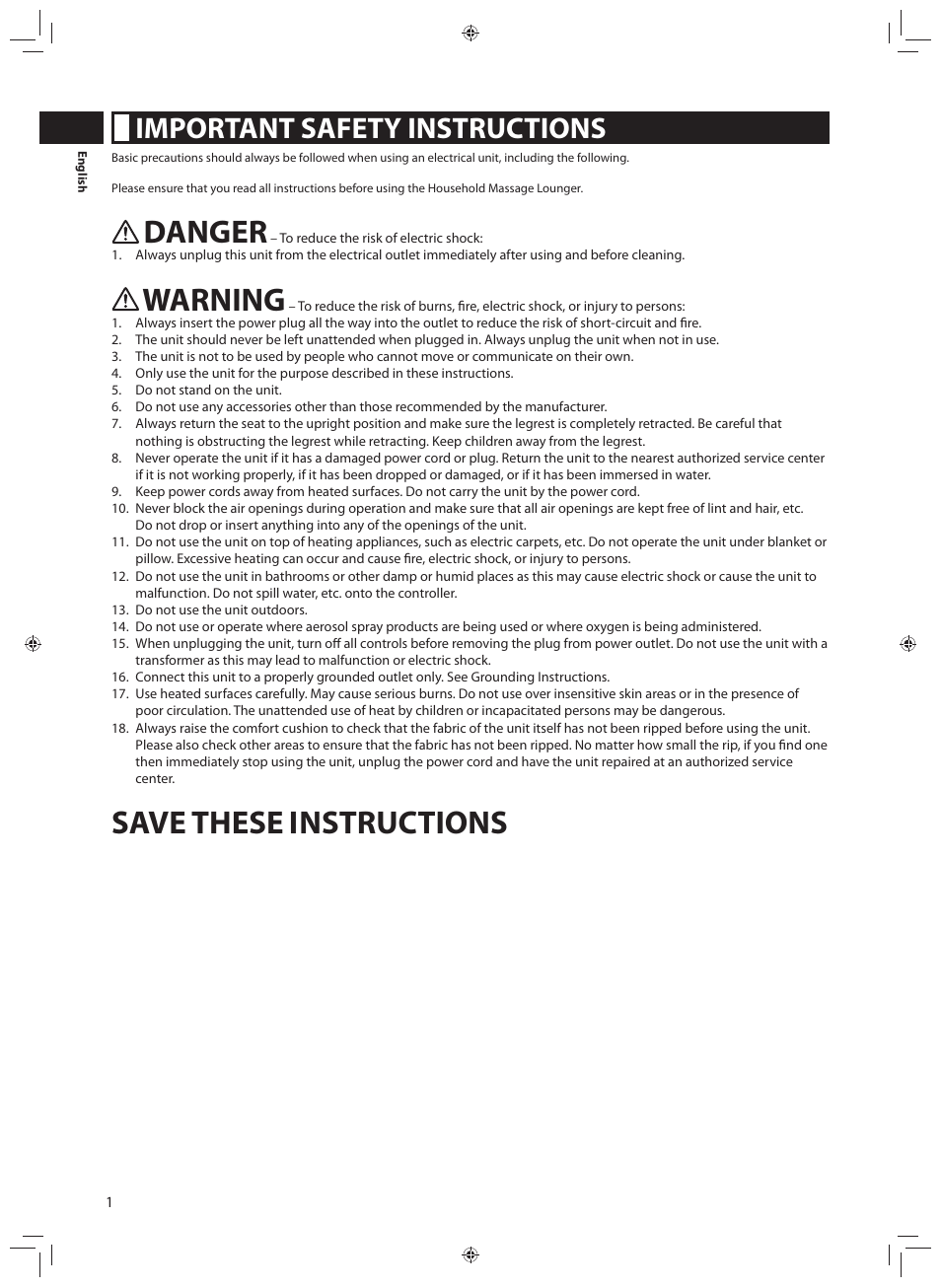 Important safety instructions, Danger, Warning | Save these instructions | Panasonic EP-MA70CX User Manual | Page 2 / 48
