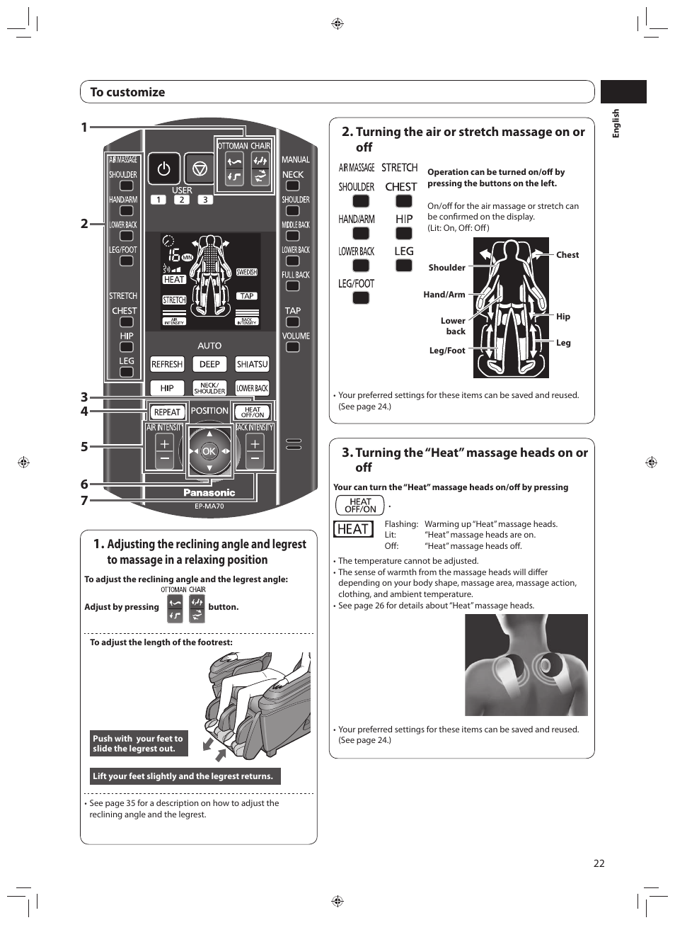 Turning the air or stretch massage on or off, Turning the “heat” massage heads on or off | Panasonic EP-MA70CX User Manual | Page 23 / 48