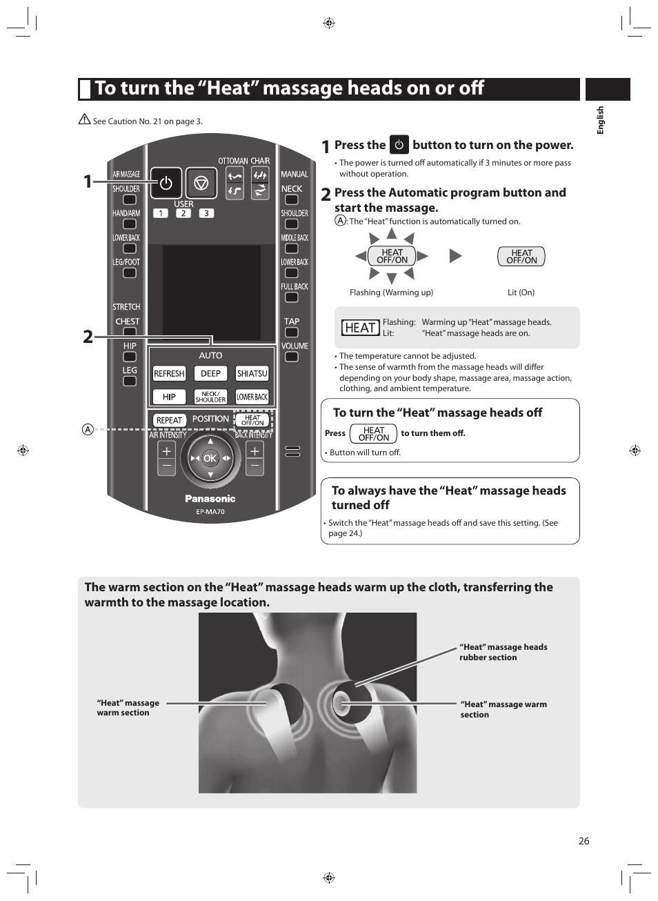 To turn the “heat” massage heads on or off | Panasonic EP-MA70CX User Manual | Page 27 / 48