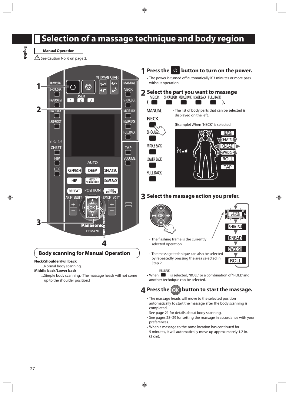 Selection of a massage technique and body region | Panasonic EP-MA70CX User Manual | Page 28 / 48