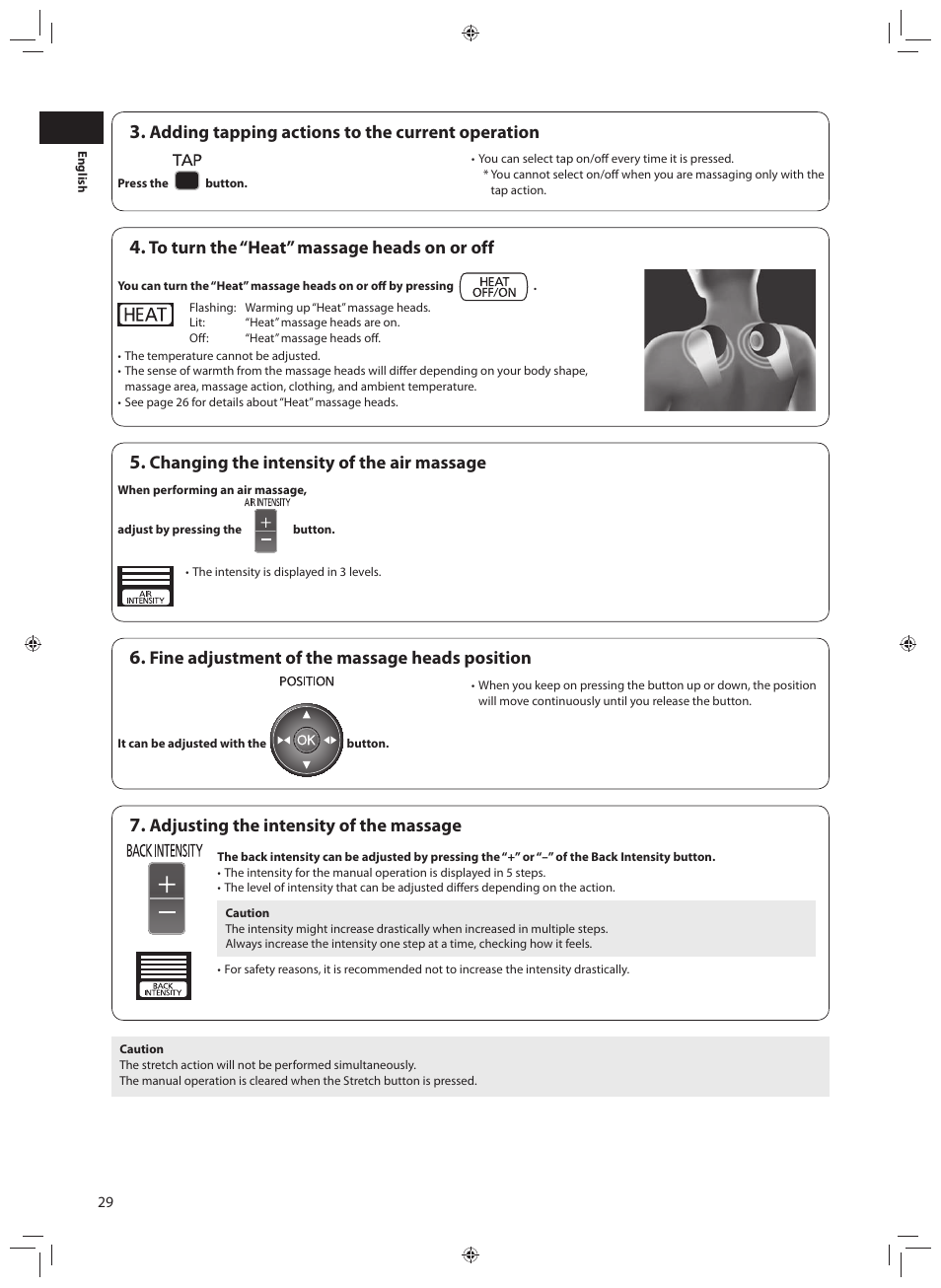 Adding tapping actions to the current operation, Changing the intensity of the air massage, Adjusting the intensity of the massage | Fine adjustment of the massage heads position | Panasonic EP-MA70CX User Manual | Page 30 / 48