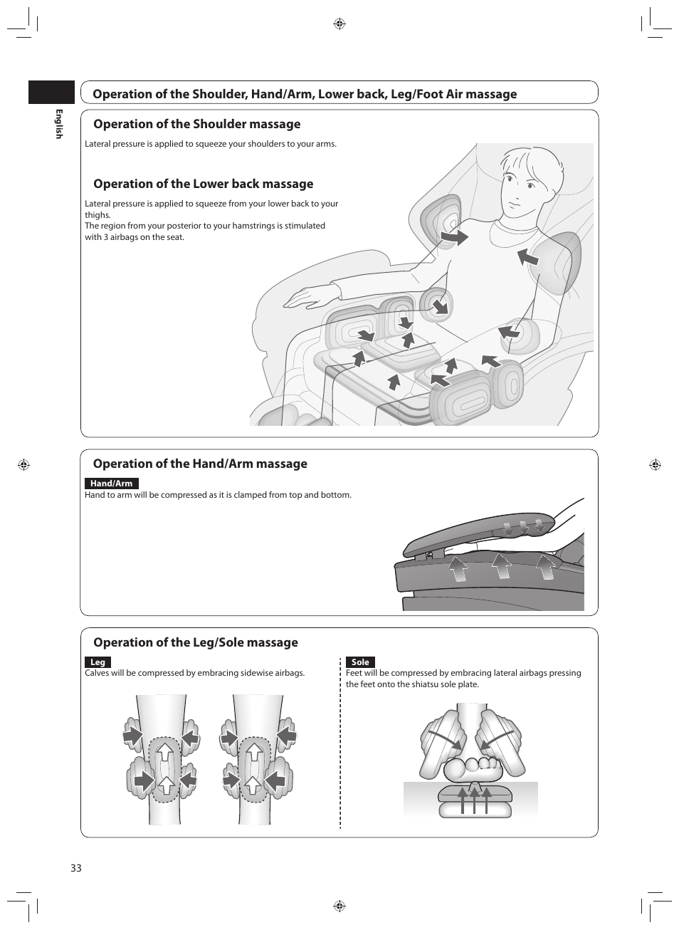 Operation of the lower back massage, Operation of the hand/arm massage, Operation of the leg/sole massage | Panasonic EP-MA70CX User Manual | Page 34 / 48