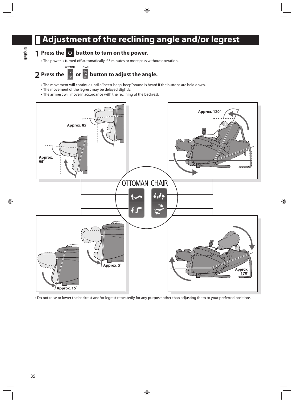 Adjustment of the reclining angle and/or legrest | Panasonic EP-MA70CX User Manual | Page 36 / 48