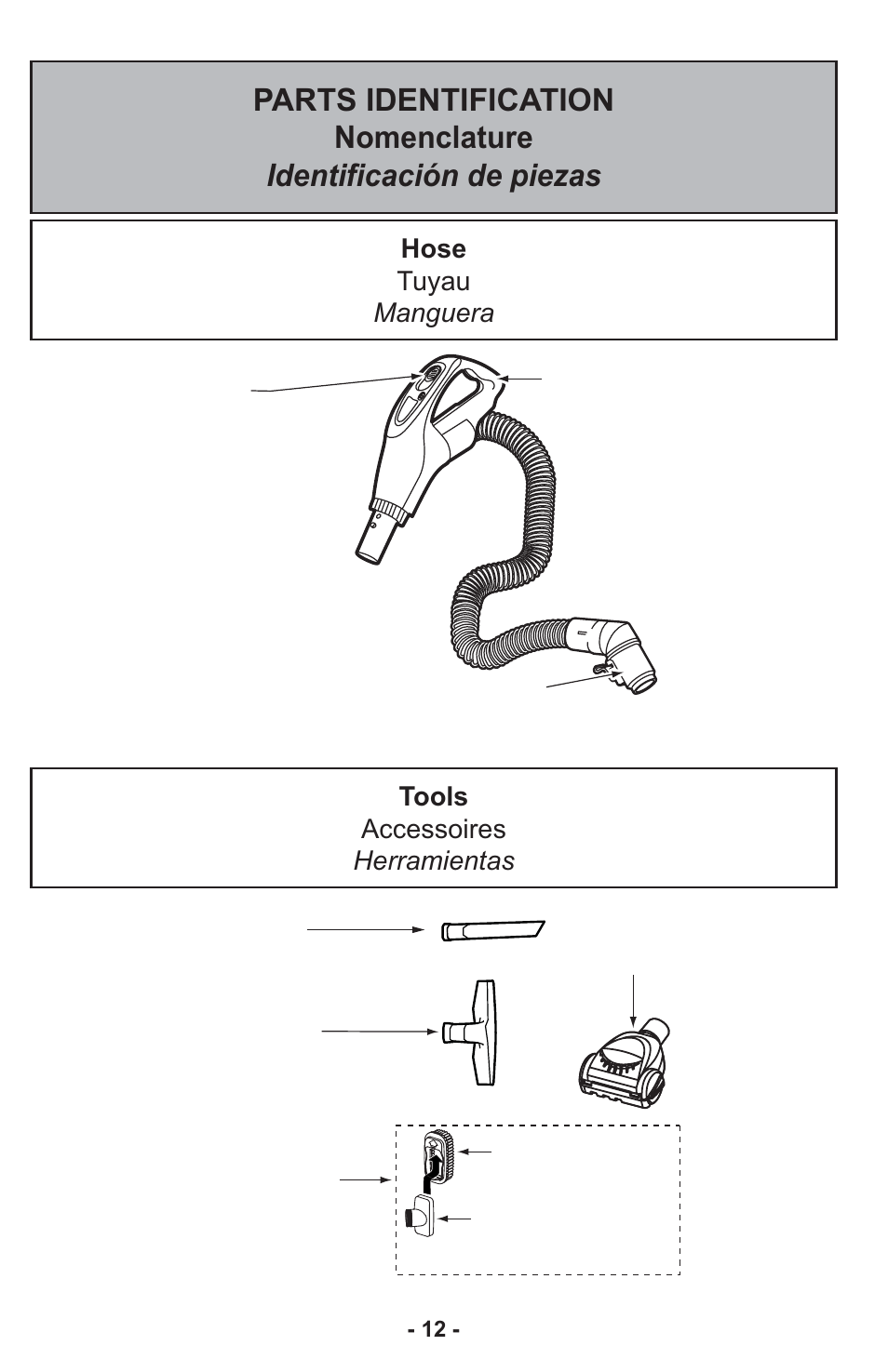 Hose tuyau manguera tools accessoires herramientas | Panasonic MC-CG917 User Manual | Page 12 / 64