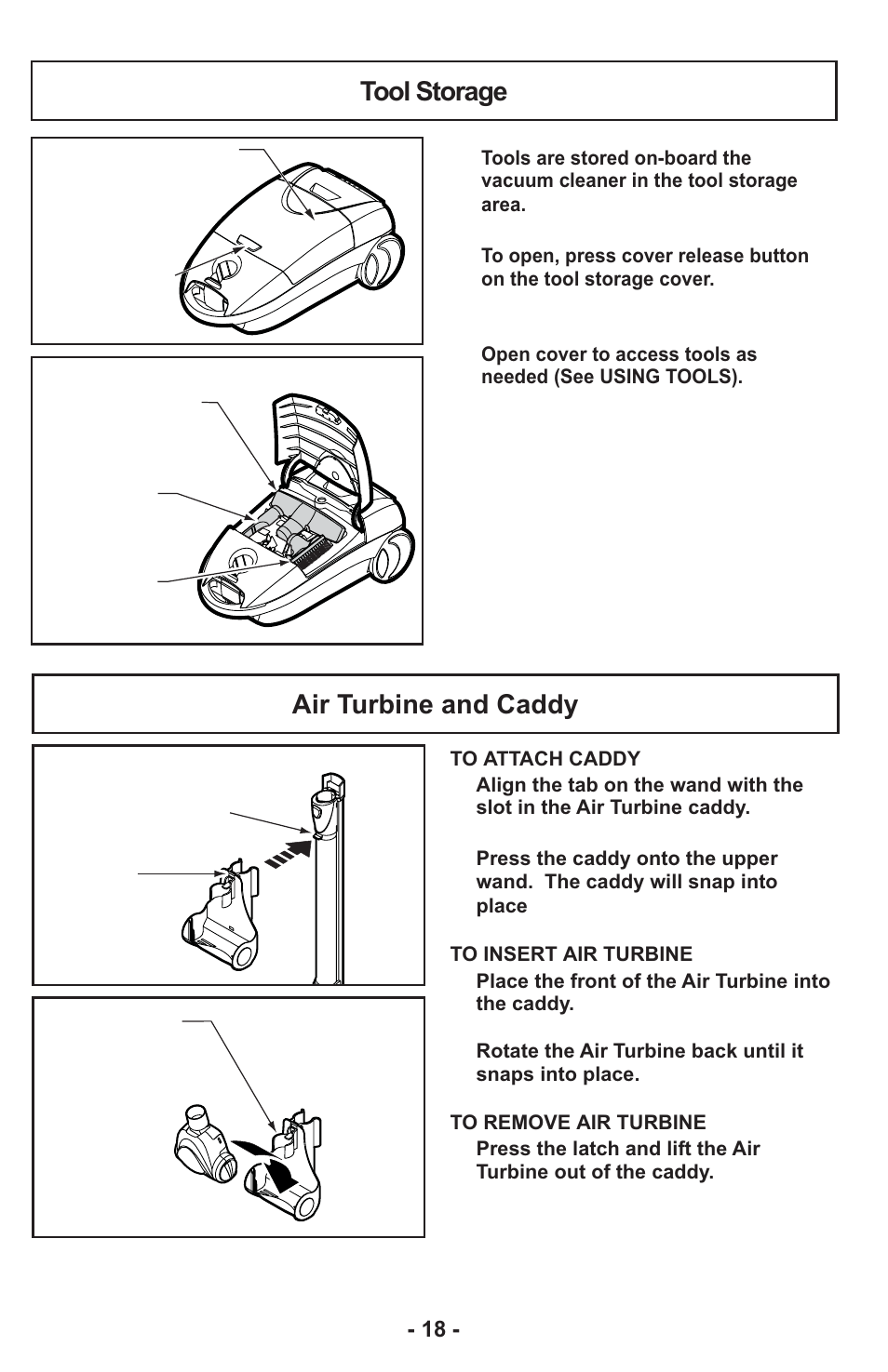 Air turbine and caddy, Tool storage | Panasonic MC-CG917 User Manual | Page 18 / 64