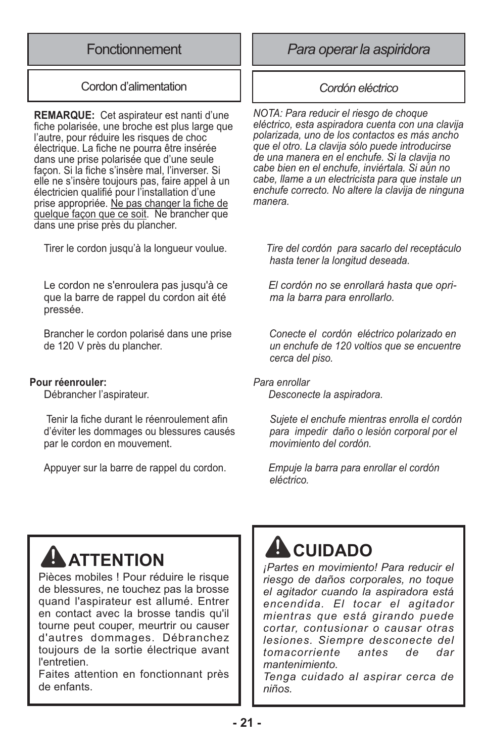 Attention, Cuidado, Fonctionnement | Para operar la aspiridora | Panasonic MC-CG917 User Manual | Page 21 / 64