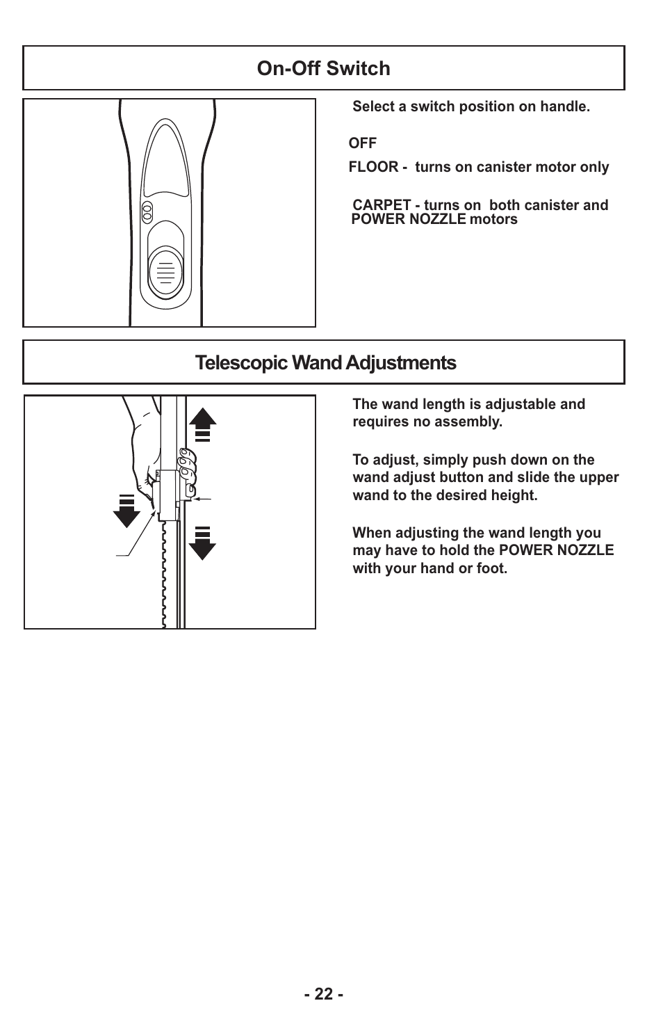 On-off switch, Telescopic wand adjustments | Panasonic MC-CG917 User Manual | Page 22 / 64