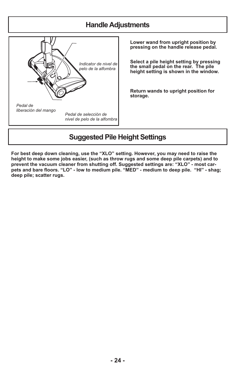 Handle adjustments suggested pile height settings | Panasonic MC-CG917 User Manual | Page 24 / 64