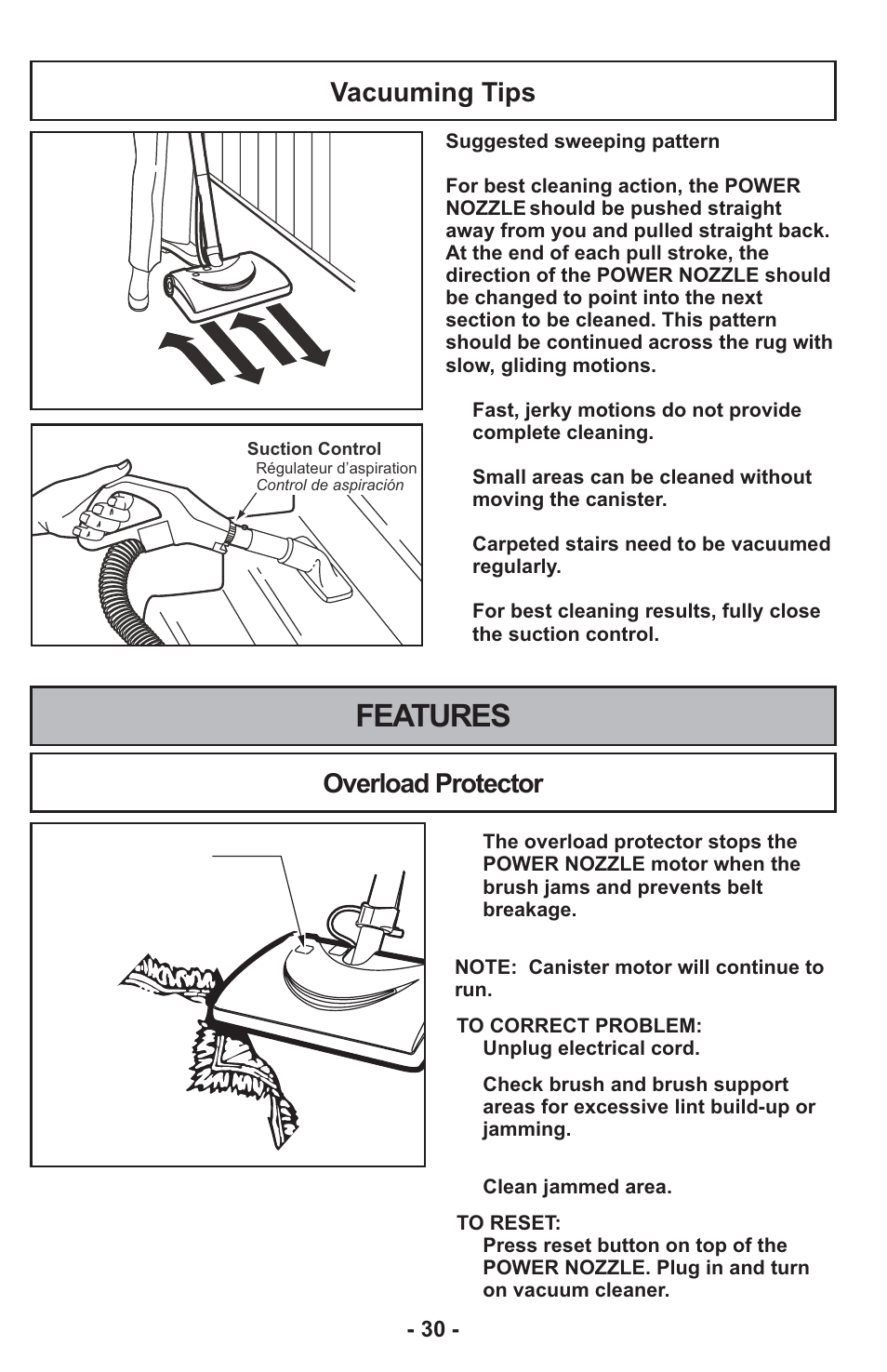 Features, Vacuuming tips, Overload protector | Panasonic MC-CG917 User Manual | Page 30 / 64