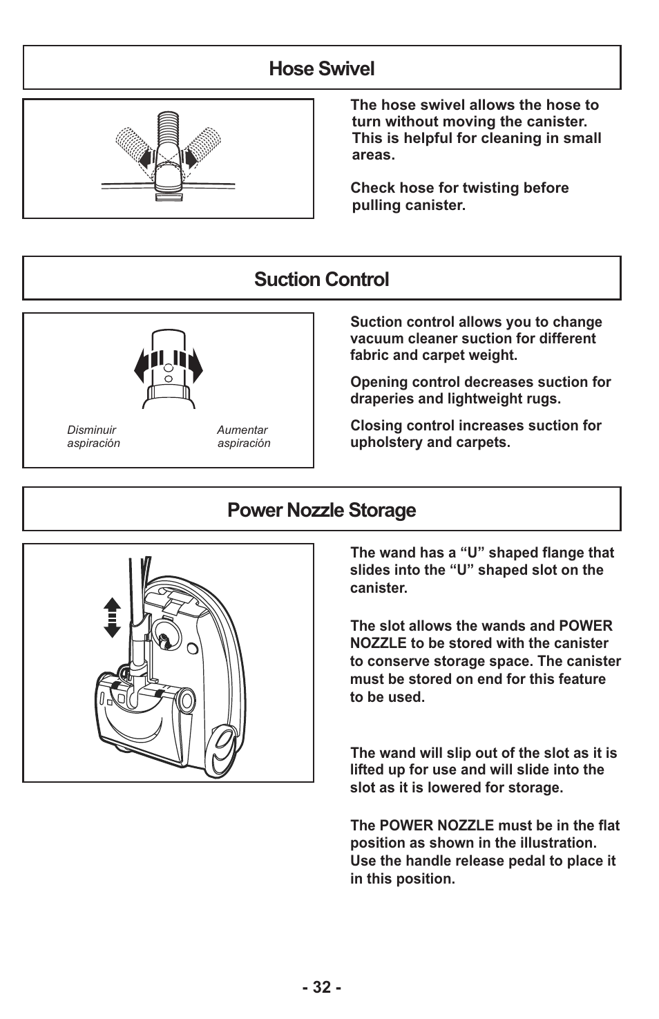 Hose swivel, Suction control, Power nozzle storage | Panasonic MC-CG917 User Manual | Page 32 / 64