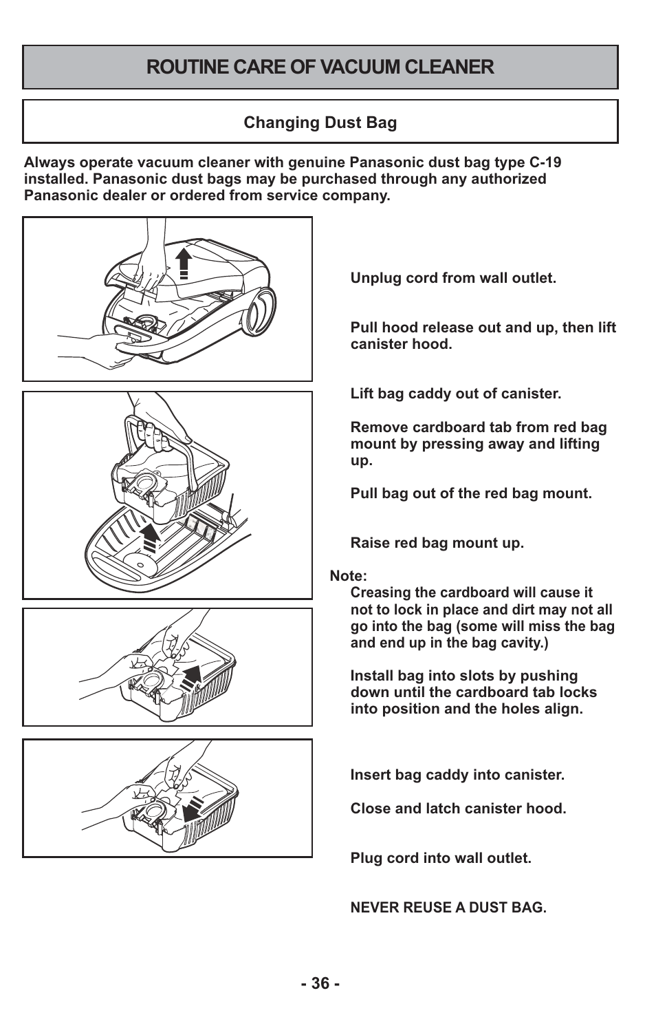 Routine care of vacuum cleaner | Panasonic MC-CG917 User Manual | Page 36 / 64